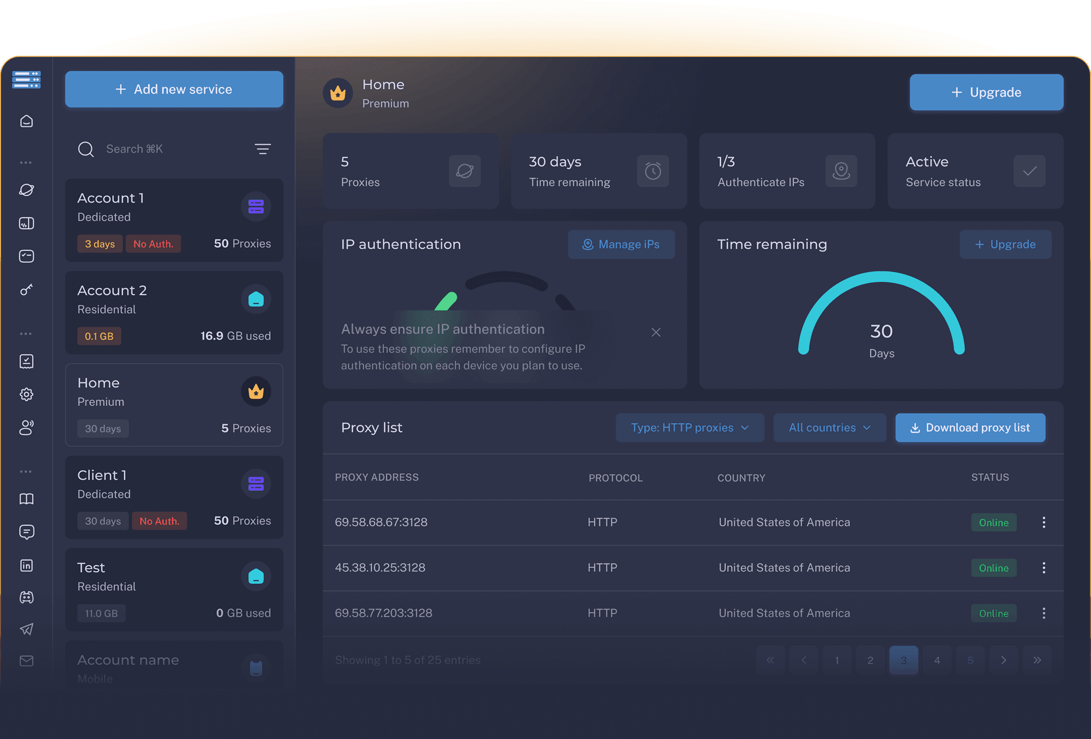 ProxyScrape dashboard showing a plan, IP authentication and the proxy list